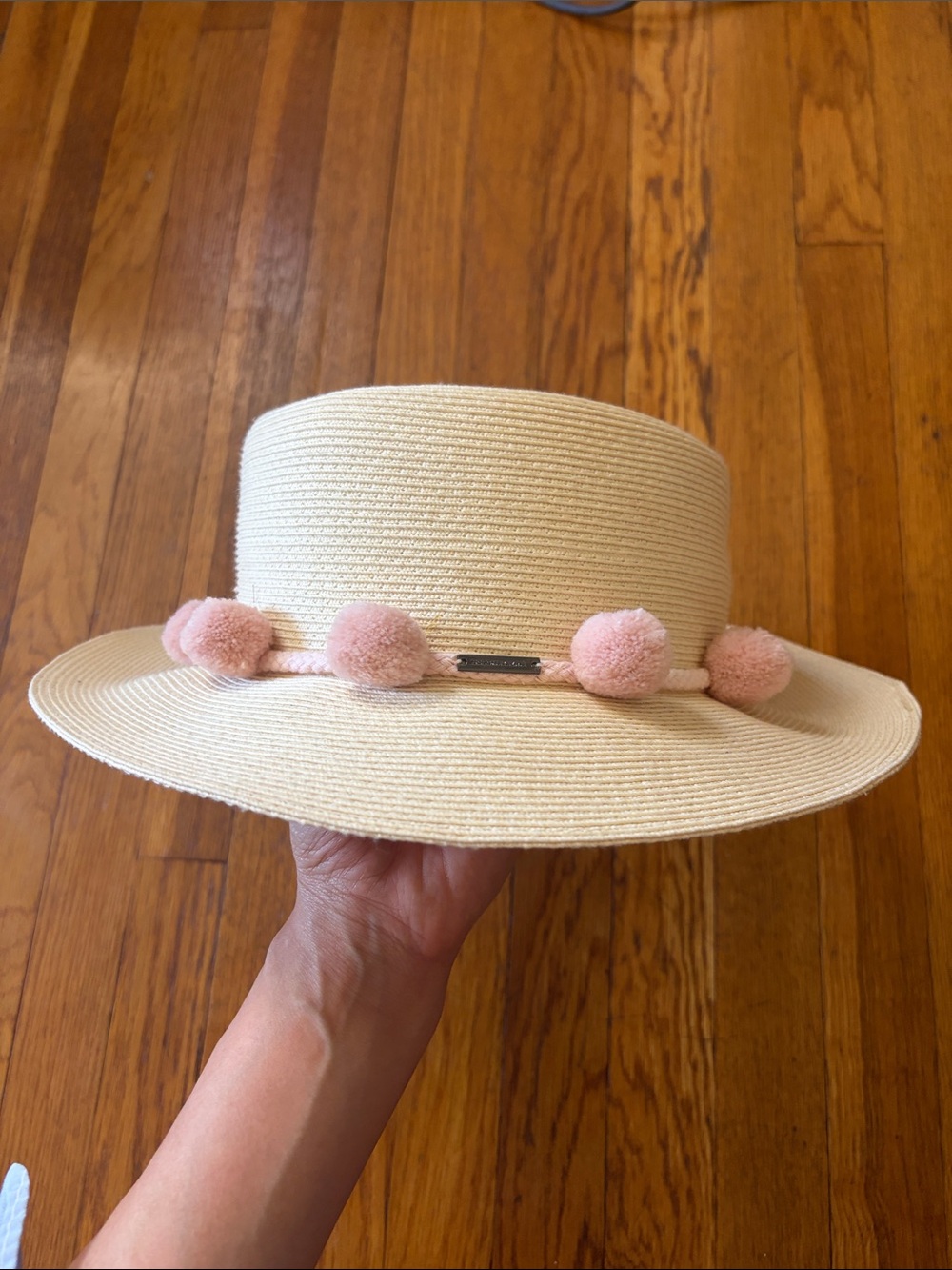 BCBG MAXAZARIA Paper Straw Boater Hat Pink Pom Poms OS